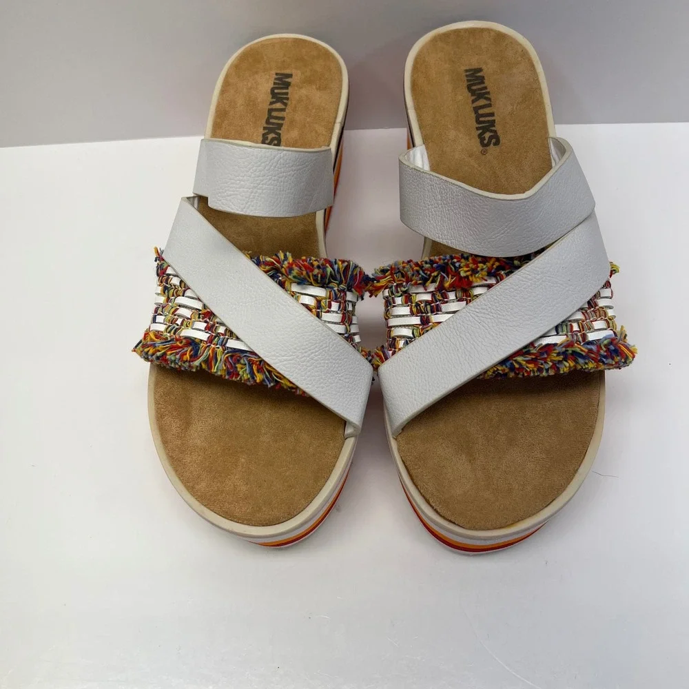 MUK LUKS Womens White Multi Fringe Striped Platform Wedge Slide Sandals Size 8